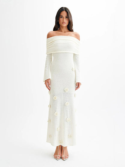 Party Dresses Shaping Flower Flowers Long Sleeves Off-The-Shoulder Casual White Dress