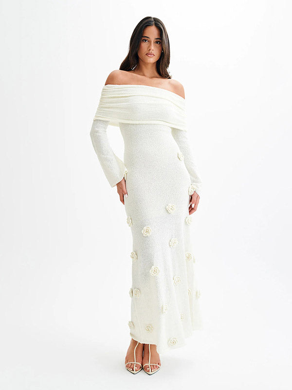 Party Dresses Shaping Flower Flowers Long Sleeves Off-The-Shoulder Casual White Dress