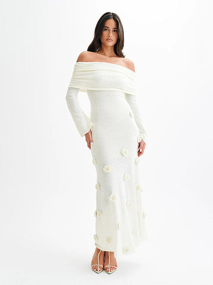 Party Dresses Shaping Flower Flowers Long Sleeves Off-The-Shoulder Casual White Dress