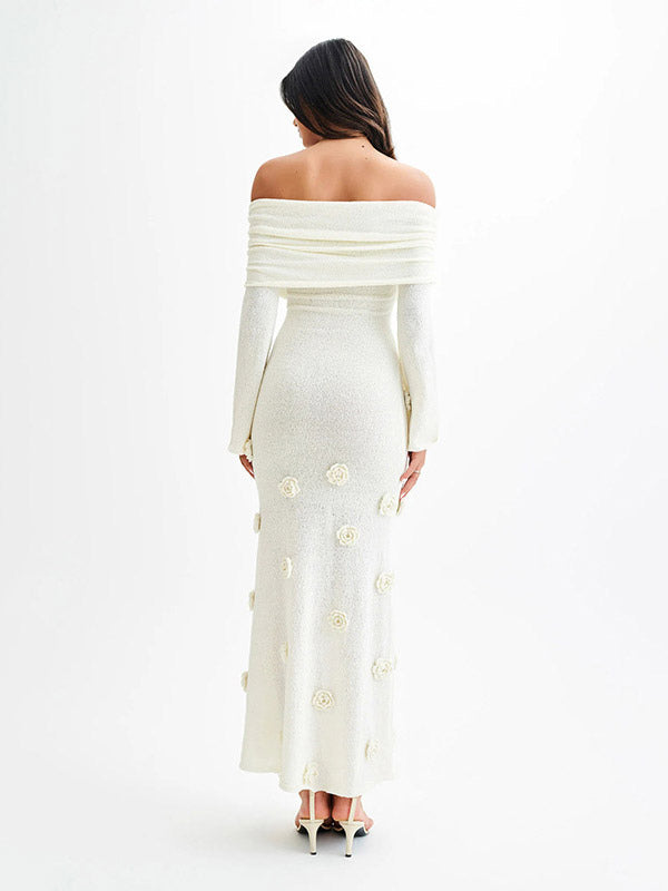 Party Dresses Shaping Flower Flowers Long Sleeves Off-The-Shoulder Casual White Dress