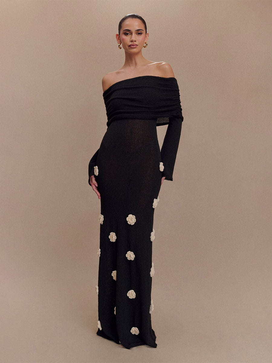 Party Dresses Shaping Flower Flowers Long Sleeves Off-The-Shoulder Casual White Dress