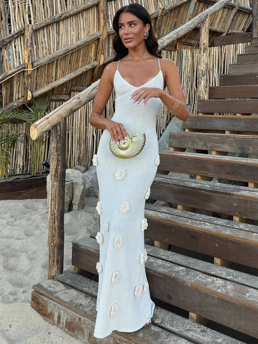 Vacation Dresses Flower Shaping Flowers Sleeveless Straps Neck Chic Coffee Brown Dress