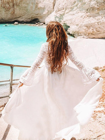 Cover Ups Ruffled Lace Cut Out Long Sleeves Athletic White Summer Beach Swimwear
