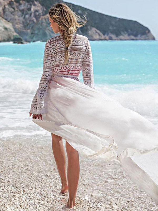 Cover Ups Ruffled Lace Cut Out Long Sleeves Athletic White Summer Beach Swimwear