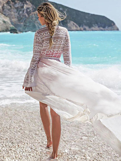 Cover Ups Ruffled Lace Cut Out Long Sleeves Athletic White Summer Beach Swimwear