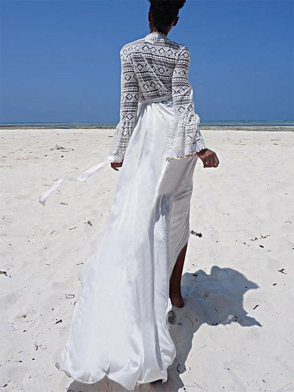 Cover Ups Ruffled Lace Cut Out Long Sleeves Athletic White Summer Beach Swimwear