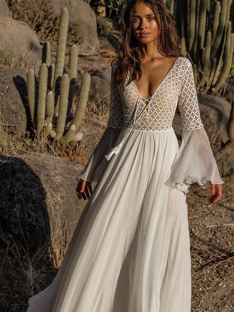 Vacation Dresses Shaping Ruffled Lace Cut Out Long Sleeves Flared Sleeves Athletic White Dress