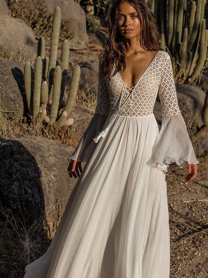 Vacation Dresses Shaping Ruffled Lace Cut Out Long Sleeves Flared Sleeves Athletic White Dress