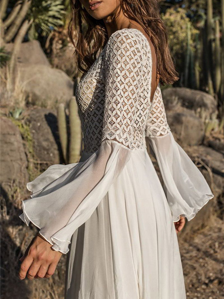 Vacation Dresses Shaping Ruffled Lace Cut Out Long Sleeves Flared Sleeves Athletic White Dress