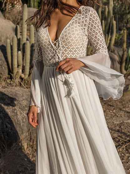 Vacation Dresses Shaping Ruffled Lace Cut Out Long Sleeves Flared Sleeves Athletic White Dress