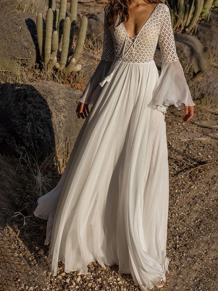 Vacation Dresses Shaping Ruffled Lace Cut Out Long Sleeves Flared Sleeves Athletic White Dress