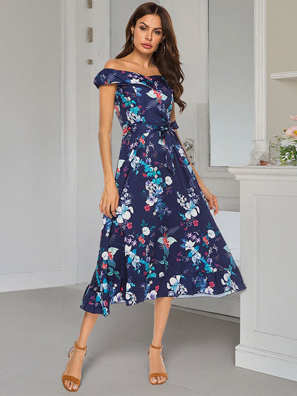 Floral Dress Floral Print Off-The-Shoulder Sleeveless Zipper Elegant Summer Long Dress