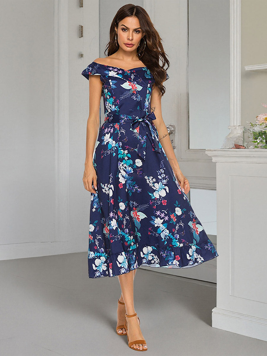 Floral Dress Floral Print Off-The-Shoulder Sleeveless Zipper Elegant Summer Long Dress