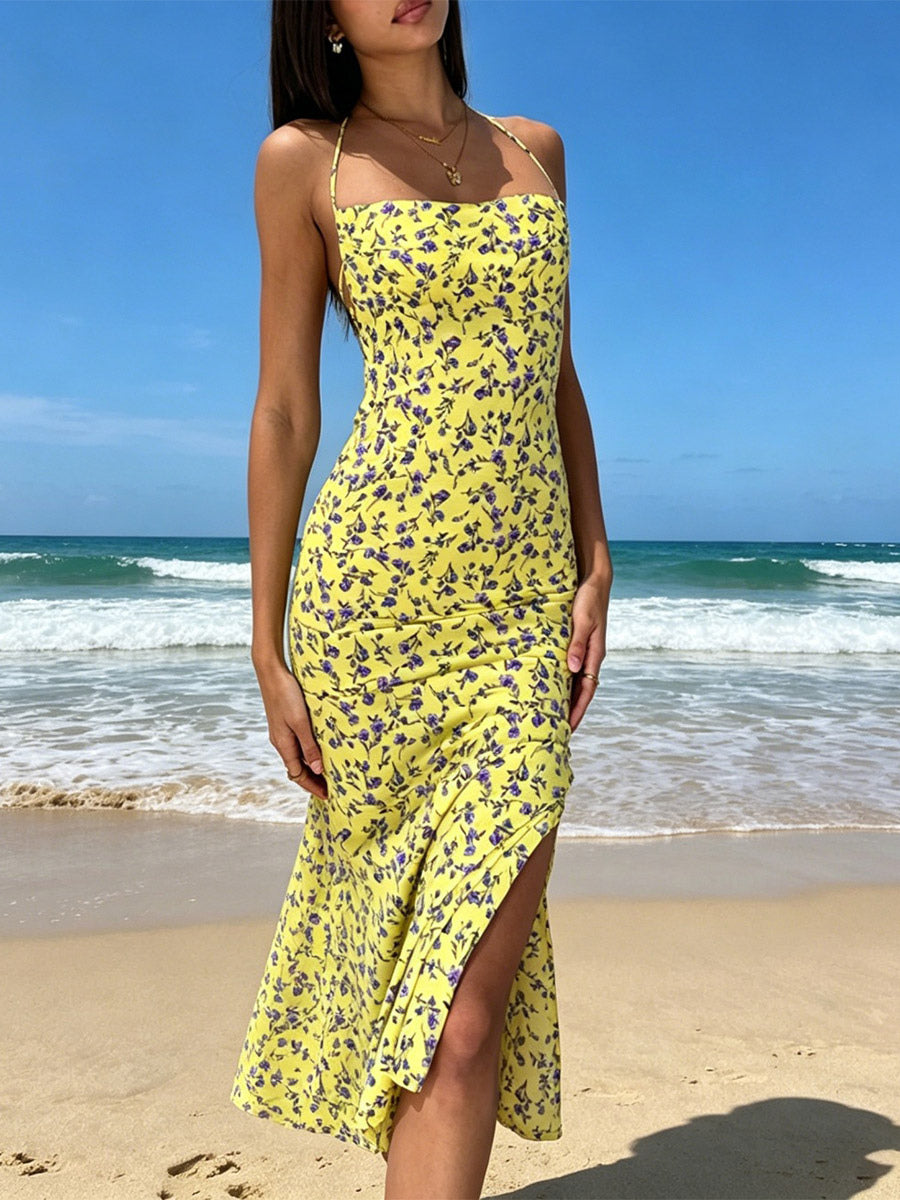 Vintage Dress Floral Halter Backless Sleeveless Backless Side Slit Sexy Summer Knee Length Dress