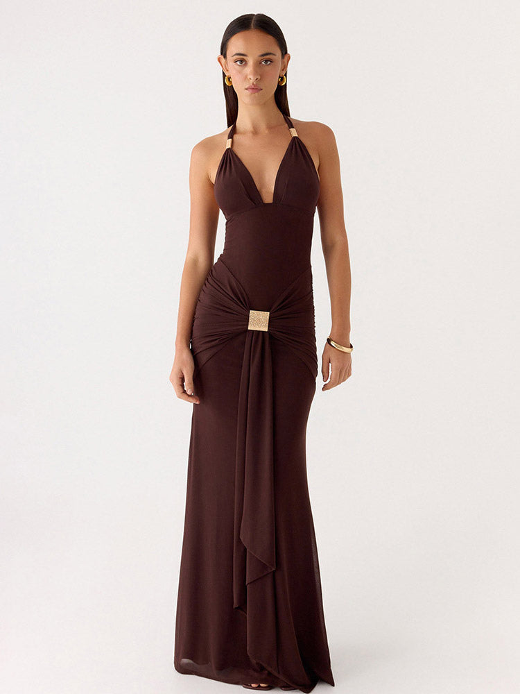Party Dress Maxi Coffee Brown V-Neck Sleeveless Sexy Semi Formal Dress