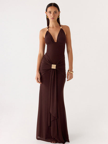 Party Dress Maxi Coffee Brown V-Neck Sleeveless Sexy Semi Formal Dress