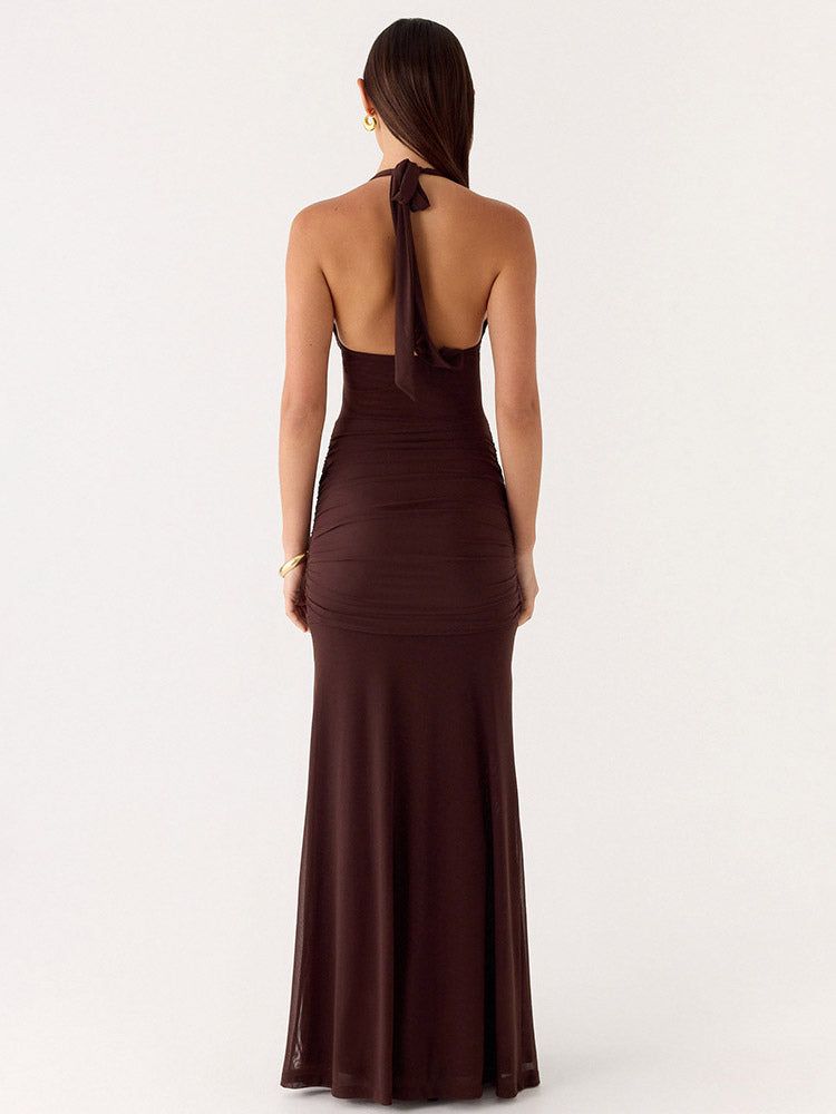 Party Dress Maxi Coffee Brown V-Neck Sleeveless Sexy Semi Formal Dress