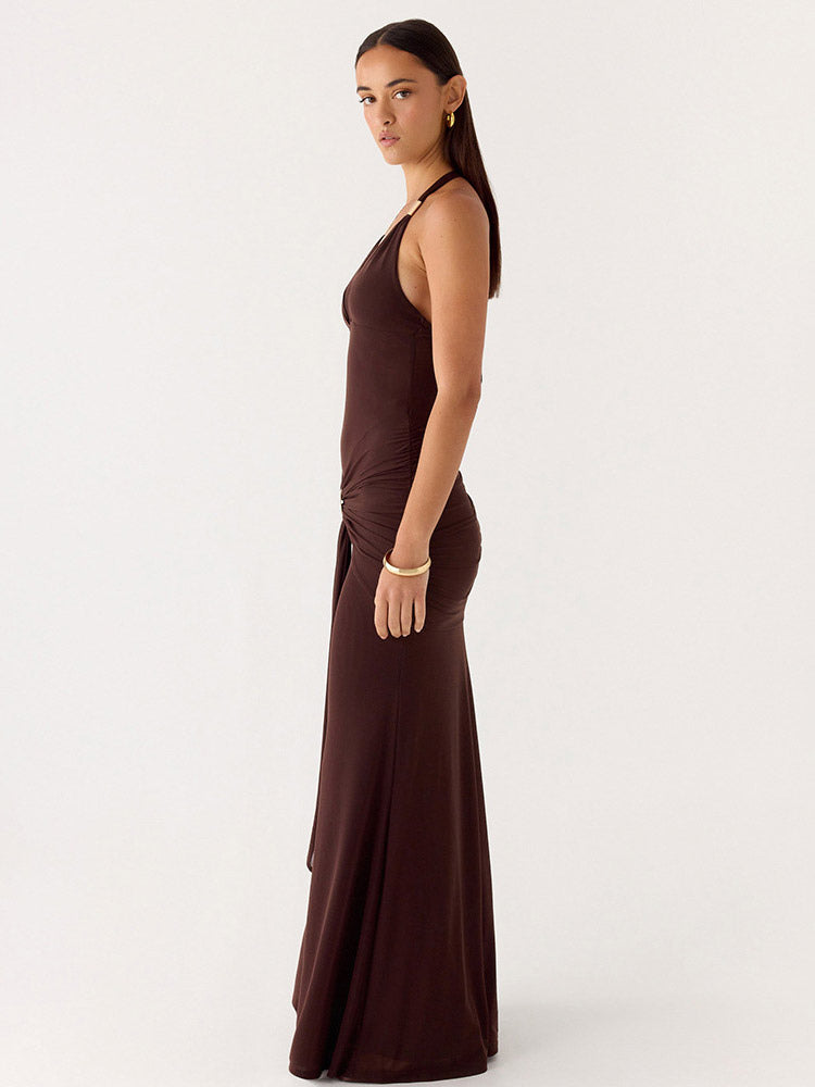 Party Dress Maxi Coffee Brown V-Neck Sleeveless Sexy Semi Formal Dress