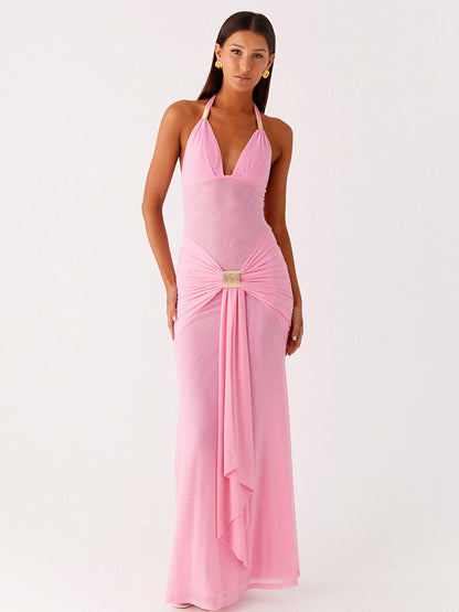 Party Dress Maxi Coffee Brown V-Neck Sleeveless Sexy Semi Formal Dress