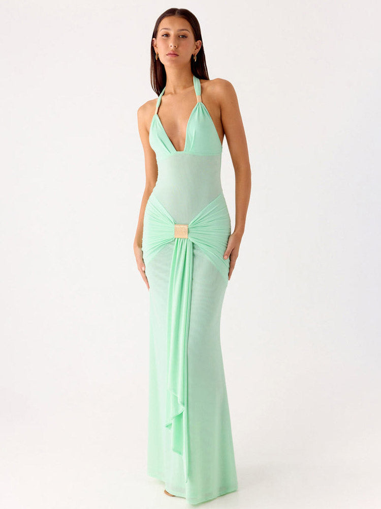Party Dress Maxi Coffee Brown V-Neck Sleeveless Sexy Semi Formal Dress