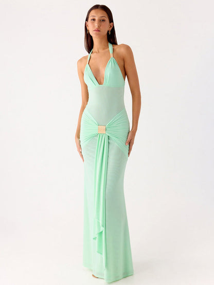 Party Dress Maxi Coffee Brown V-Neck Sleeveless Sexy Semi Formal Dress