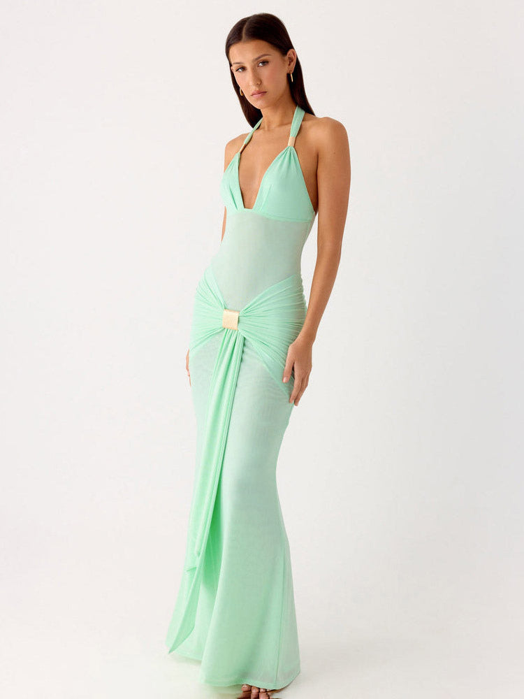 Party Dress Maxi Coffee Brown V-Neck Sleeveless Sexy Semi Formal Dress