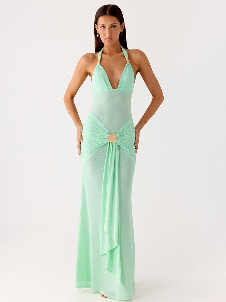 Party Dress Maxi Coffee Brown V-Neck Sleeveless Sexy Semi Formal Dress