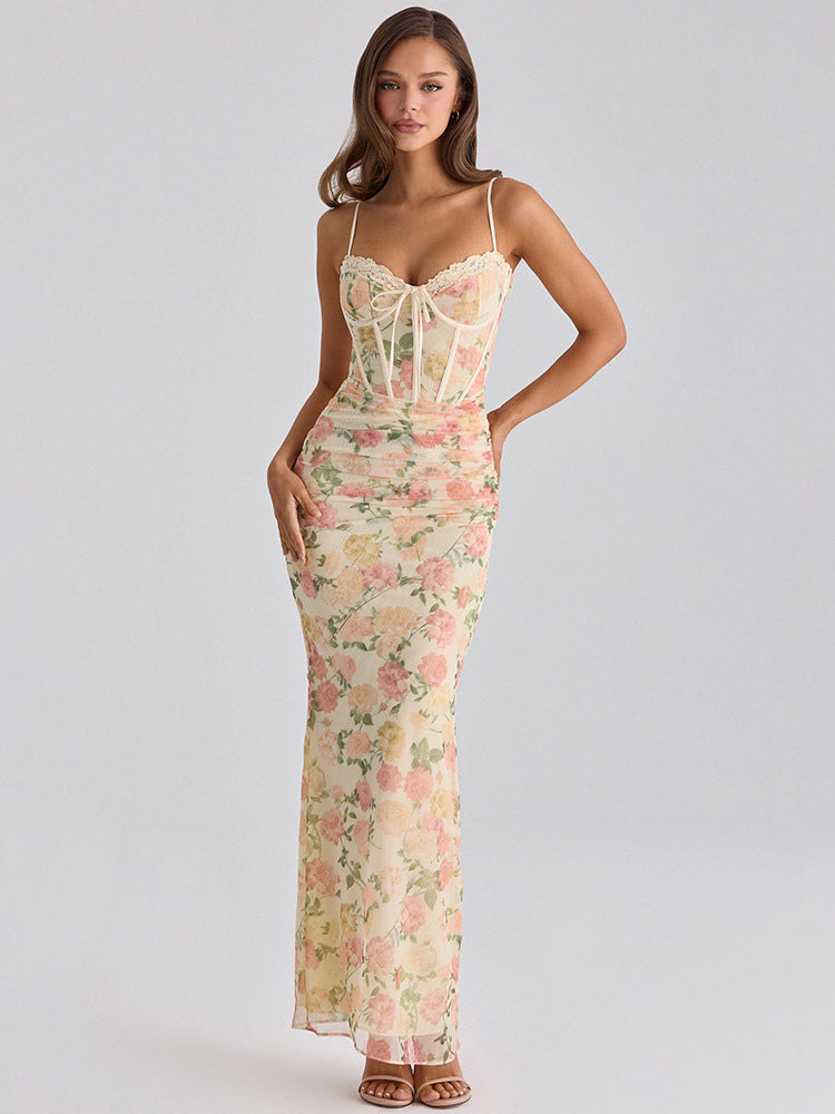 Party Dress Maxi Pink Straps Neck Sleeveless Printed Sexy Semi Formal Dress