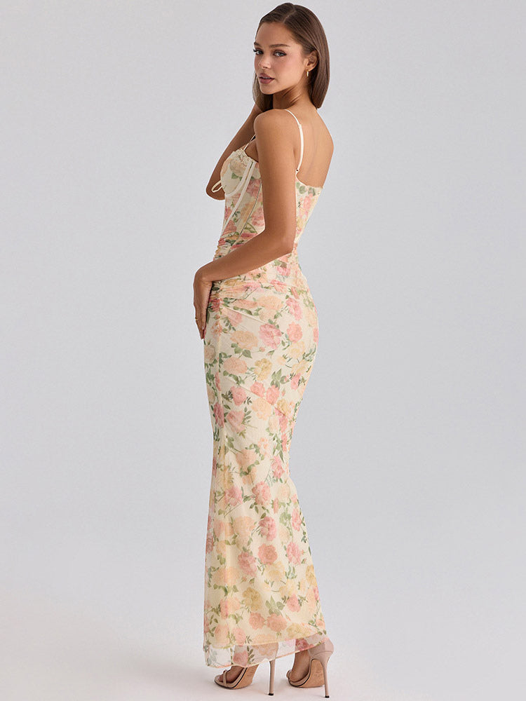 Party Dress Maxi Pink Straps Neck Sleeveless Printed Sexy Semi Formal Dress