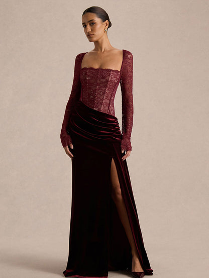 Party Dress Maxi Black Square Neck Long Sleeves Two-Tone Sexy Semi Formal Dress