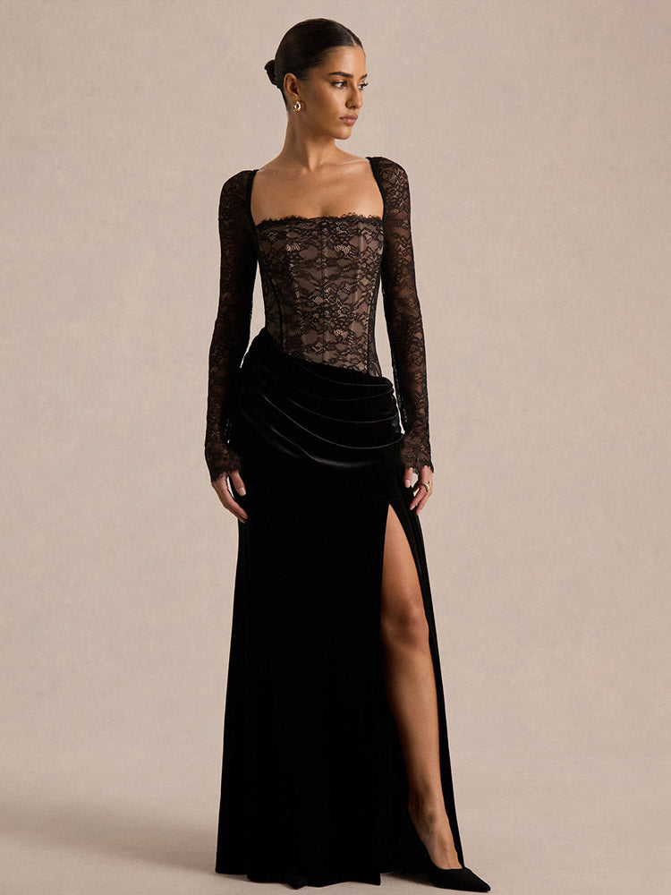 Party Dress Maxi Black Square Neck Long Sleeves Two-Tone Sexy Semi Formal Dress