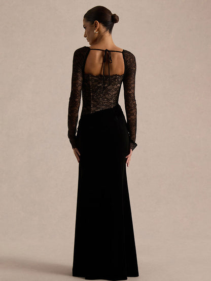 Party Dress Maxi Black Square Neck Long Sleeves Two-Tone Sexy Semi Formal Dress