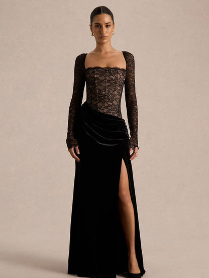 Party Dress Maxi Black Square Neck Long Sleeves Two-Tone Sexy Semi Formal Dress