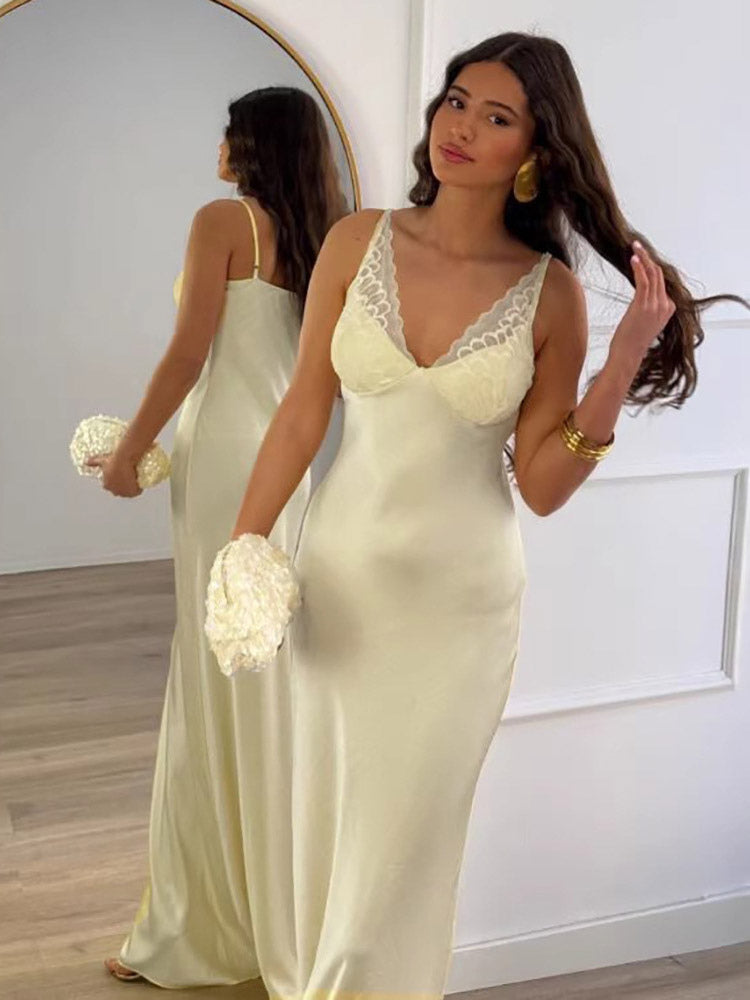 Daily Dresses Woman's Maxi Sleeveless V-Neck Sexy Apricot Dress