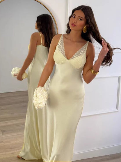Daily Dresses Woman's Maxi Sleeveless V-Neck Sexy Apricot Dress