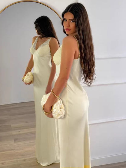 Daily Dresses Woman's Maxi Sleeveless V-Neck Sexy Apricot Dress