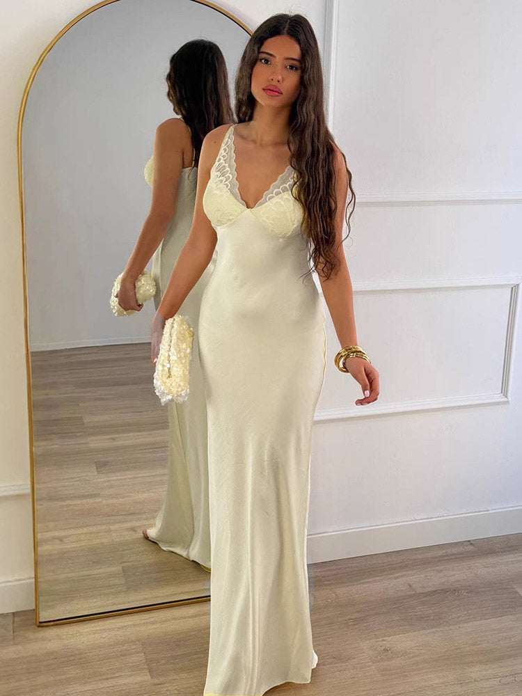 Daily Dresses Woman's Maxi Sleeveless V-Neck Sexy Apricot Dress