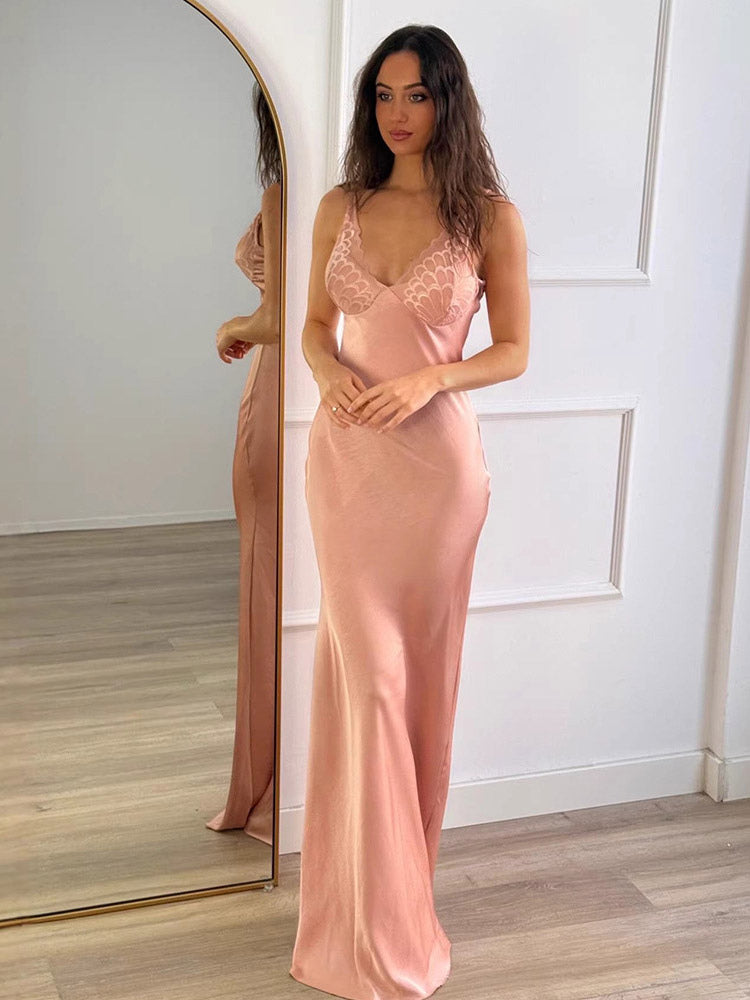 Daily Dresses Woman's Maxi Sleeveless V-Neck Sexy Apricot Dress
