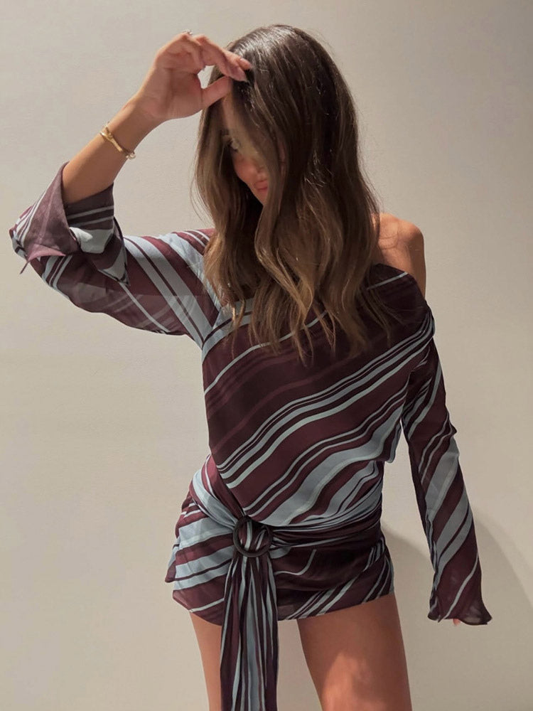 Daily Dresses Woman's Long Sleeves One-Shoulder Chic Purple Dress