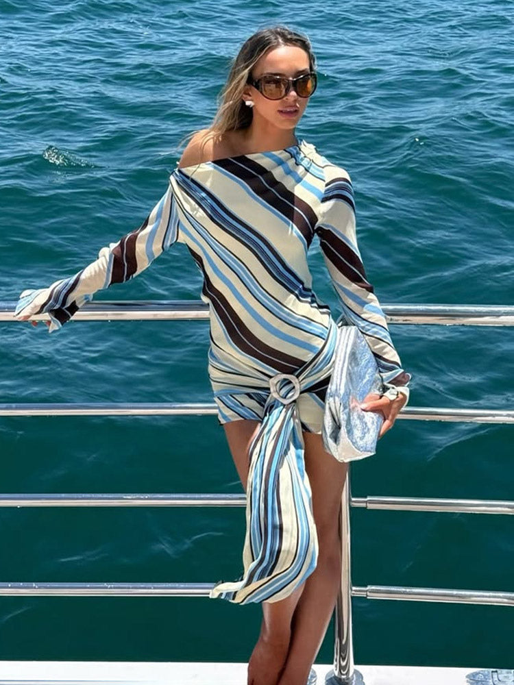 Daily Dresses Woman's Long Sleeves One-Shoulder Chic Purple Dress