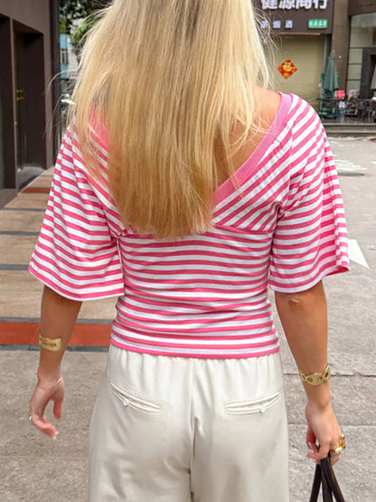 Tops Short Sleeves Tees Gray Stripes V-Neck Women T-Shirt