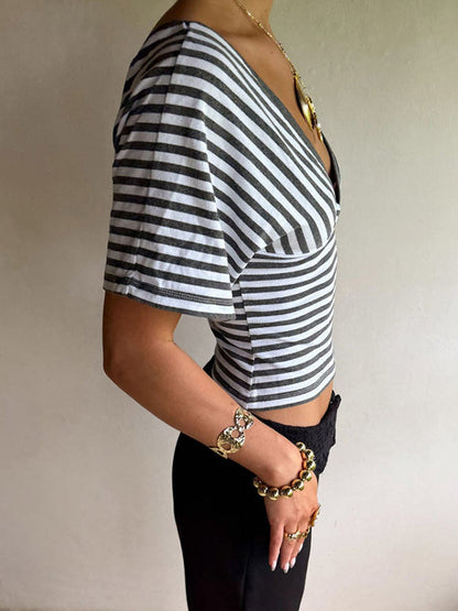 Tops Short Sleeves Tees Gray Stripes V-Neck Women T-Shirt