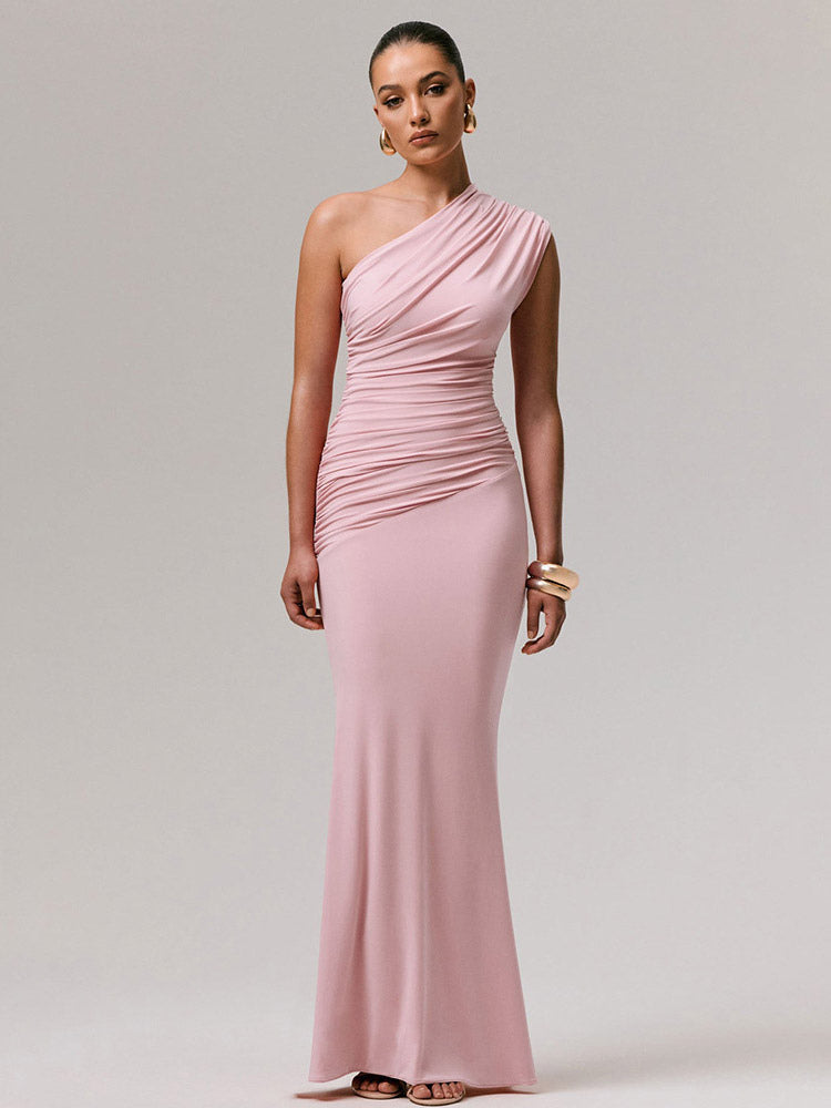 Party Dress Maxi Blue One-Shoulder Sleeveless Sexy Semi Formal Dress