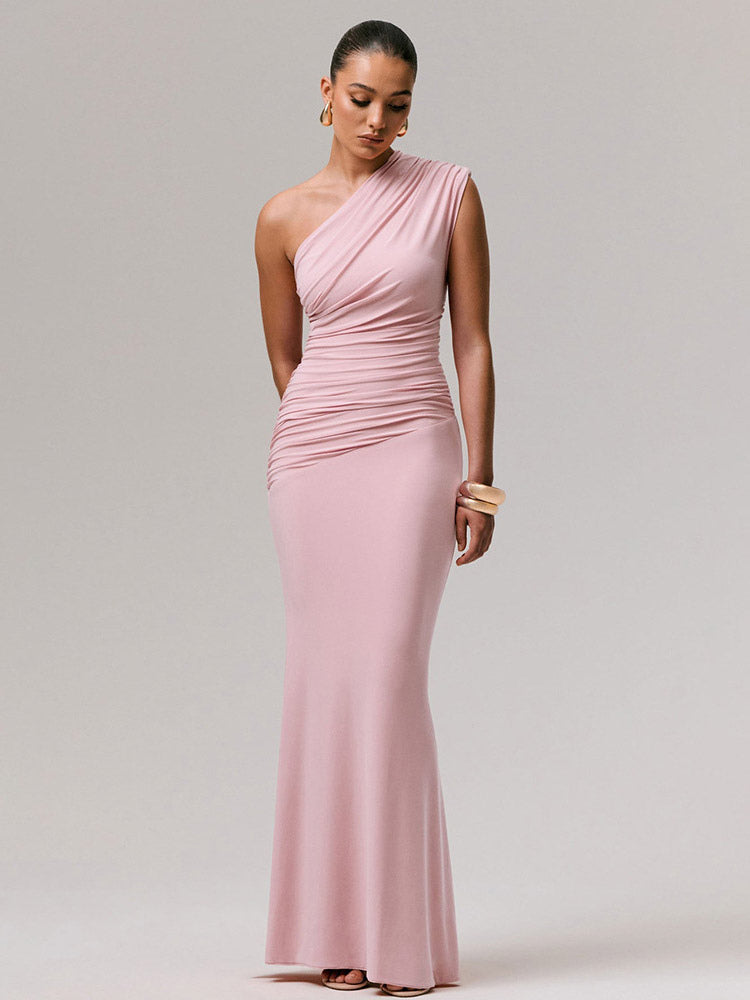 Party Dress Maxi Blue One-Shoulder Sleeveless Sexy Semi Formal Dress