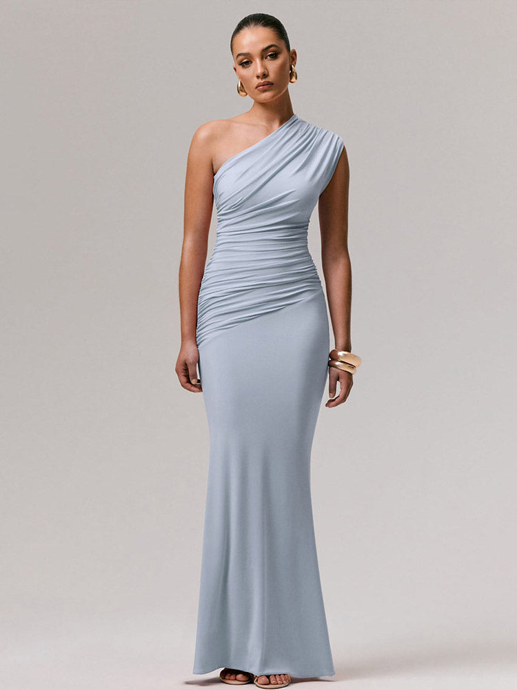 Party Dress Maxi Blue One-Shoulder Sleeveless Sexy Semi Formal Dress