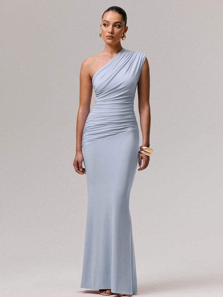 Party Dress Maxi Blue One-Shoulder Sleeveless Sexy Semi Formal Dress