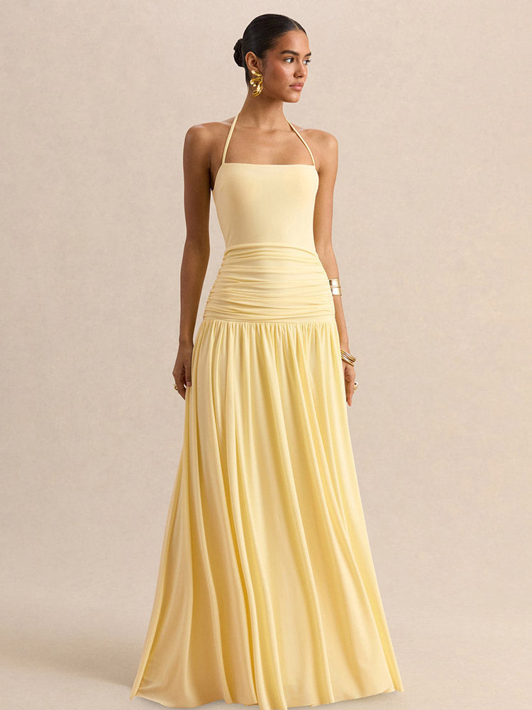 Party Dresses Yellow Straps Neck Short Sleeves Sexy Semi Formal Dress