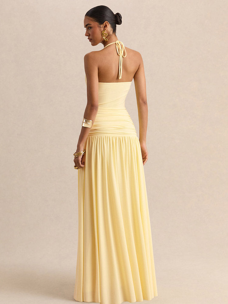 Party Dresses Yellow Straps Neck Short Sleeves Sexy Semi Formal Dress