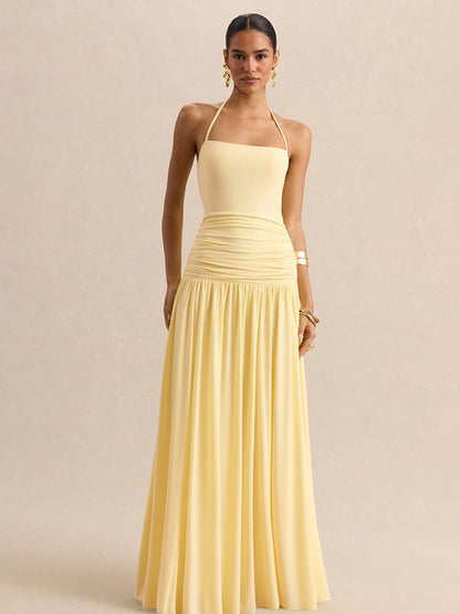 Party Dresses Yellow Straps Neck Short Sleeves Sexy Semi Formal Dress