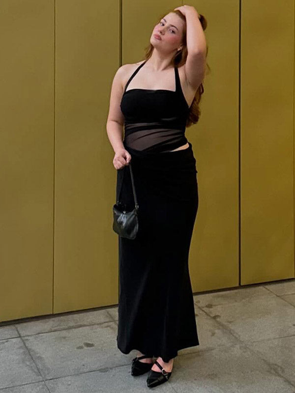 Party Dress Maxi Coffee Brown Halter Pleated Sleeveless Backless Sweet Semi Formal Dress